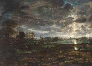 An Extensive River Landscape By Moonlight With Fishermen And Cows In The Foreground