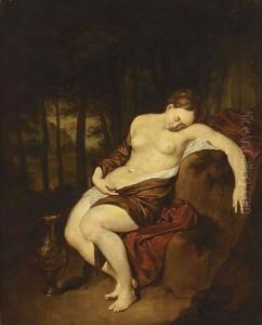 A Nude Woman Sleeping In A Forest, With A Silver Gilt Jug Beside Her by Jan Van Mieris