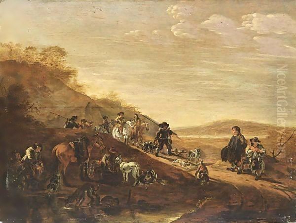 A Hilly Landscape With Sportsmen, Horses And Hounds Resting After The Hunt - view 1