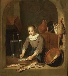A Maid Scaling Fish Seen Through A Window