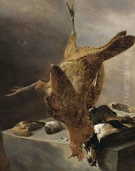 A Still Life With A Cockerel, Two Lapwings, A Duck And Other Birds, All On A Stone Ledge - view 1