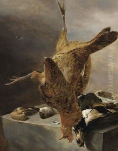 A Still Life With A Cockerel, Two Lapwings, A Duck And Other Birds, All On A Stone Ledge by Salomon van Ruysdael