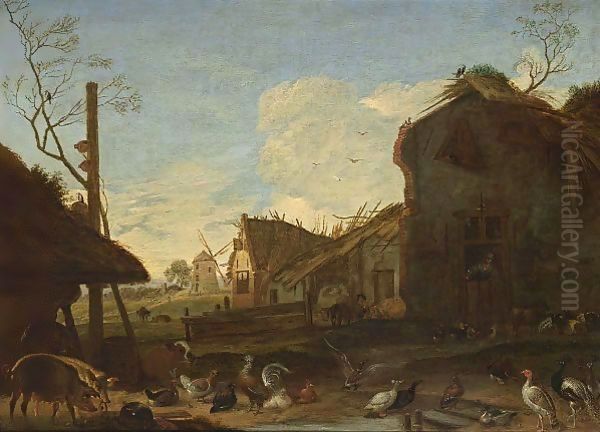 A Farmstead With Pigs, Chicken, Peacocks, And Doves, A Peasant Feeding Pigs, And A Peasant Woman Standing In A Doorway - view 1