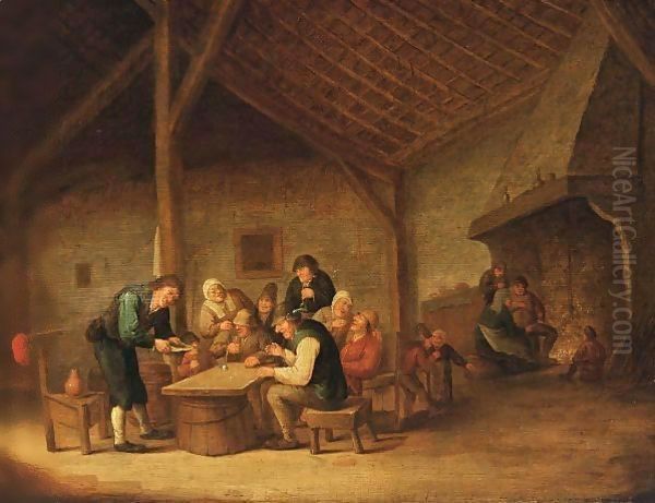 An Interior Of An Inn With Peasants Sitting Around A Table Drinking And Playing Dice, And Figures Near A Fireplace In The Background - view 1