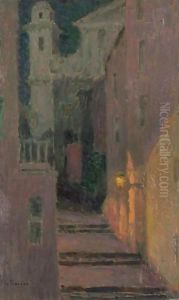 La Rue De L'Eglise Au Clair De Lune, Villefranche-Sur-Mer by Henri Eugene Augustin Le Sidaner