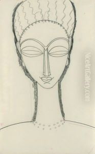 Tete De Face Avec Double Collier Et Boucles D'Oreilles by Amedeo Modigliani