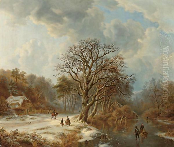 A Forest And River Landscape In Winter With Skaters And Villagers On A Path - view 1