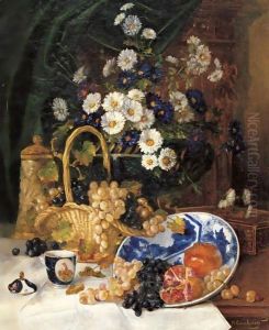 Floral Still Life With Grapes And Pomegrantes by Eugene Henri Cauchois