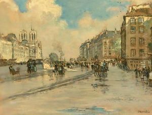 Le Quai Des Grands-Augustins With Notre Dame Beyond by Jean-Francois Raffaelli