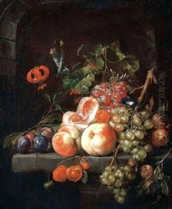 A Still Life Of Peaches, Plums, Grapes And Other Fruits On A Stone Ledge.