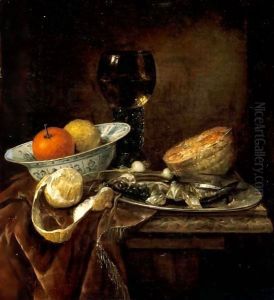 Still Life Of An Orange And A Lemon In A Porcelain Bowl, A Roemer, A Melon, A Sliced Herring On A Pewter Plate, And A Peeled Lemon Together On A Table Draped With A Velvet Cloth by Abraham Hendrickz Van Beyeren