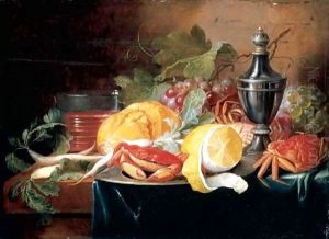 A Still Life With Grapes, A Lemon, Crabs And Bread Upon Pewter Dishes