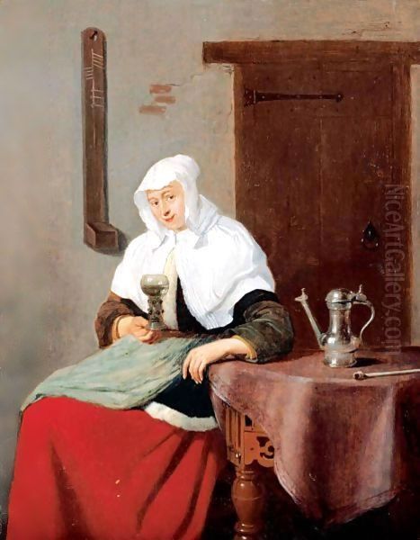 A Woman Seated At An Inn Table Holding A Roemer - view 1