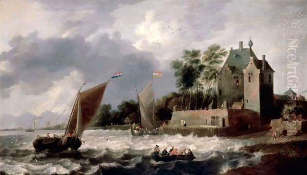 An Estuary Scene, With Rowing Boats And Small Sailing Boats Before A Fortified House - view 1