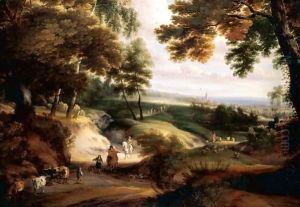 A Wooded Landscape With Huntsmen, Drovers And Cattle On A Track In The Foreground, A Church In The Distance