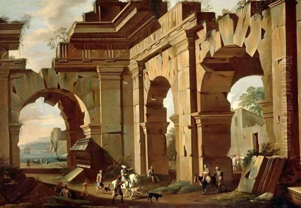An Architectural Capriccio, With A Huntsman And Riders Among Ruined Arches - view 1