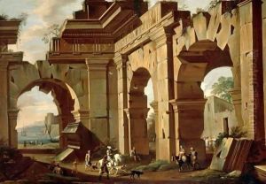 An Architectural Capriccio, With A Huntsman And Riders Among Ruined Arches