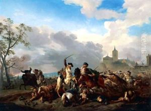 A Battle Scene With Cavalry Skirmishing Before A Walled Town by Jan von Huchtenburgh