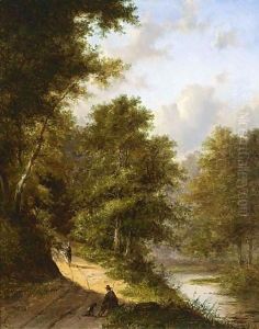 A Hunter And His Dog Resting In A Wooded Landscape