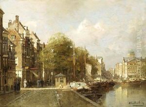 A Busy Quay In Rotterdam by Johannes Christiaan Karel Klinkenberg