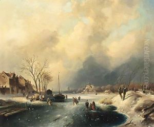 Figures On The Ice By A Dutch Town