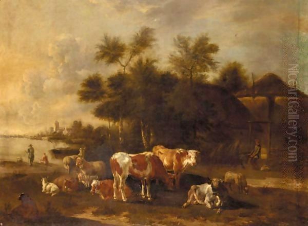 A River Landscape With Cattle And Sheep Before Farm Buildings - view 1