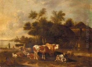 A River Landscape With Cattle And Sheep Before Farm Buildings by Albert-Jansz. Klomp