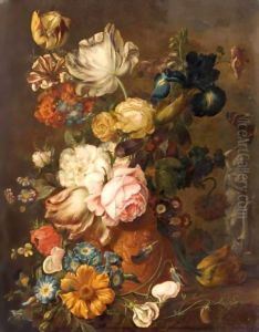 A Still Life With Roses, Irises, Tulips, Primroses, And Various Other Flowers In A Terracotta Urn On A Stone Ledge by Jan Van Huysum