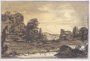 A Classical Landscape With A Tower By A Lake And Mountains Beyond by Alexander Cozens