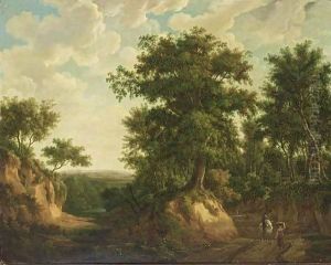 An Extensive Wooded Landscape With A Horseman, A Maid And Other Travellers On A Path