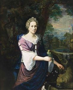 A Portrait Of A Lady, Standing Three-Quarter Lenght Near A Fountain, Wearing A Purple Dress With White Undergarment And A Blue Shawl, Holding A Parrot On Her Right Hand, A Dog In The Foreground
