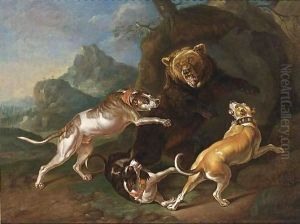 A Hunting Scene With Dogs Bringing Down A Bear by Ferdinand Phillip de Hamilton
