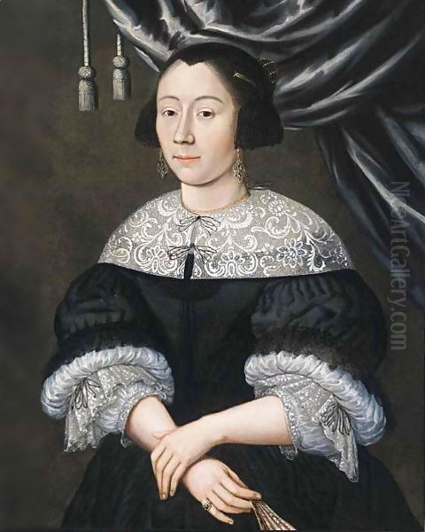 Portrait Of A Lady, Standing Half Length, Wearing A Black Dress With White Collar And Cuffs, A Black Bonnet, And Holding A Fan In Her Right Hand - view 1