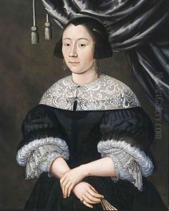 Portrait Of A Lady, Standing Half Length, Wearing A Black Dress With White Collar And Cuffs, A Black Bonnet, And Holding A Fan In Her Right Hand by Edwart Collier