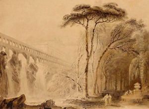 Classical Landscape With Figures And A Fountain by John Martin