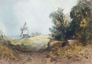 Windmill In A Hilly Landscape by William Callow