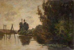 River Landscape At Sunset by Hippolyte Camille Delpy