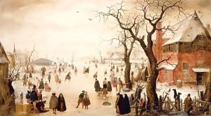A Winter Scene With Many Figures Skating On A Frozen River by Hendrick Avercamp