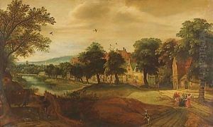 Abraham Meeting The Angels By A Village, An Extensive Landscape Beyond