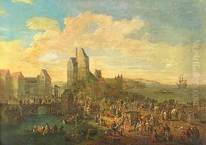 Port Scene With Figures A Pair by Pieter Casteels