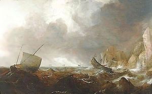 Fishing Boats In A Stormy Sea by Simon De Vlieger