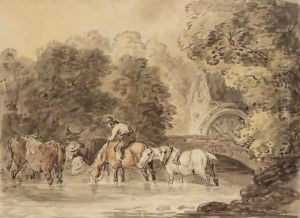 A Figure Watering His Cart Horses In A Stream by Thomas Rowlandson