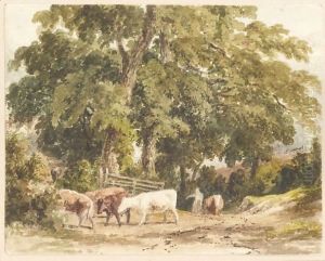 A Drover And Cattle In A Wooded Lane