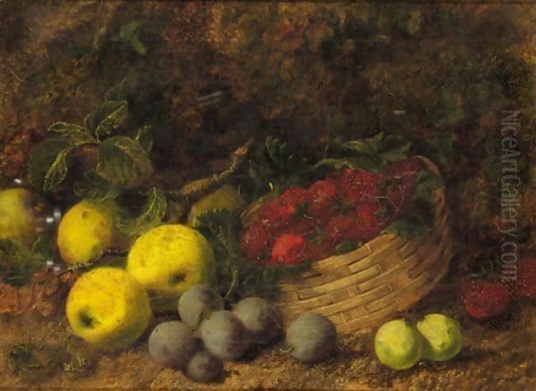Still Life Of Apples, Plums And Strawberries In A Basket by George Clare
