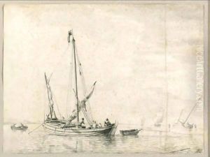 A Small Boat In A Calm Sea With Men Rigging Its Sails by Willem van de, the Elder Velde