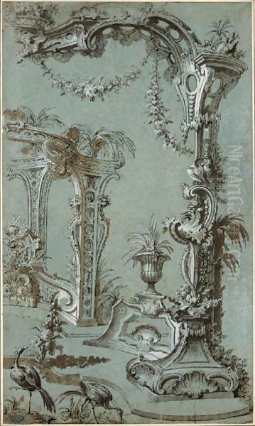 A Rocaille Fantasy With A Garden Decorated With A Rococo Trellis, A Fountain With Two Dolphins In The Background And Two Herons In The Foreground - view 1