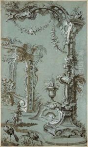A Rocaille Fantasy With A Garden Decorated With A Rococo Trellis, A Fountain With Two Dolphins In The Background And Two Herons In The Foreground