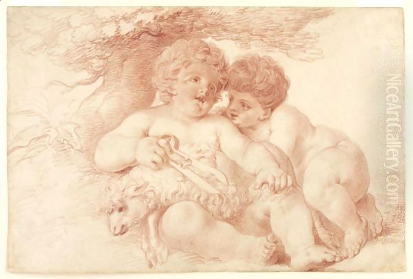 Two Putti Shearing A Sheep - view 1