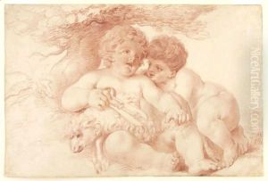 Two Putti Shearing A Sheep by Conrad Martin Metz