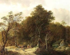 Travellers With Their Herd On A Path In A Forest by Johan Diderik Cornelis Veltens